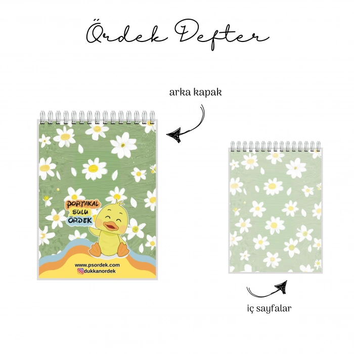 Papatyalar ve Yeşil Temalı - A5 Boyutunda - Spiralli - Hediyelik Defter - Çizgili