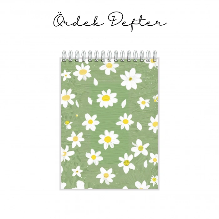 Papatyalar ve Yeşil Temalı - A5 Boyutunda - Spiralli - Hediyelik Defter - Çizgili