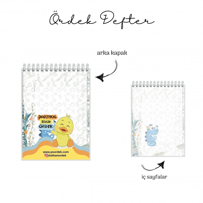 Minik Sevimli Dinozor Temalı - A6 Boyutunda - Spiralli - Hediyelik Defter - Çizgili