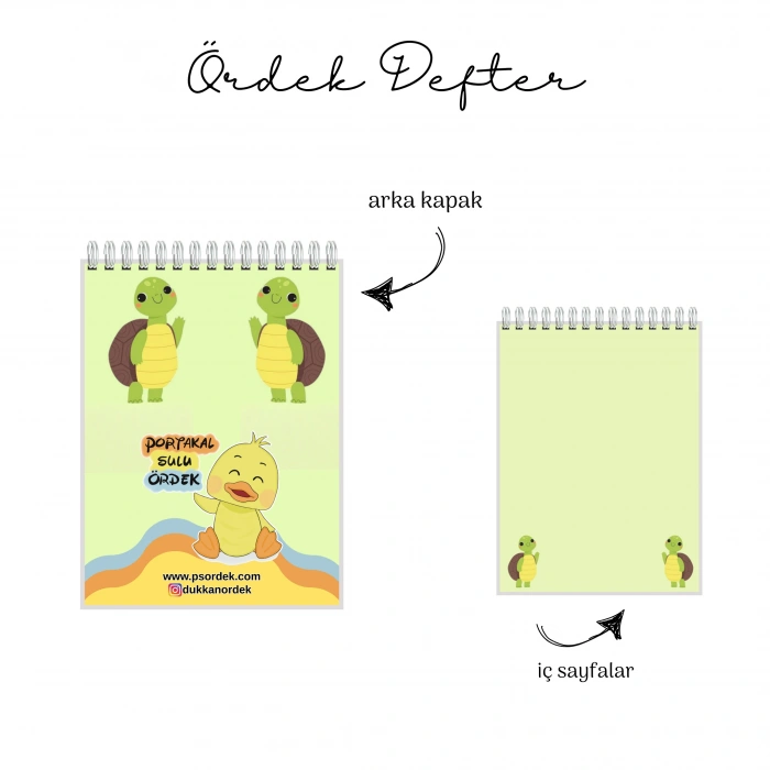 Sevimli Minik Kaplumbağa Temalı - A6 Boyutunda - Spiralli - Hediyelik Defter - Çizgili