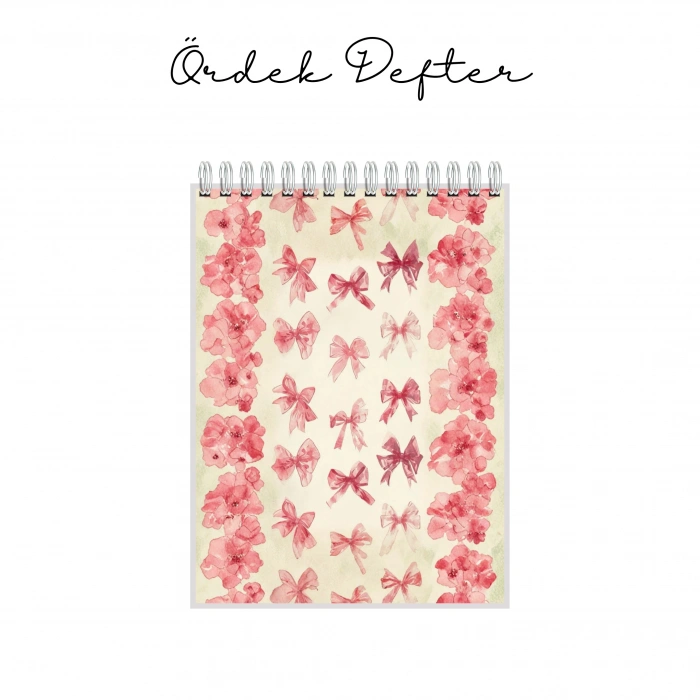 Pembe Kurdele ve Çiçek Temalı - A6 Boyutunda - Spiralli - Hediyelik Defter - Çizgili