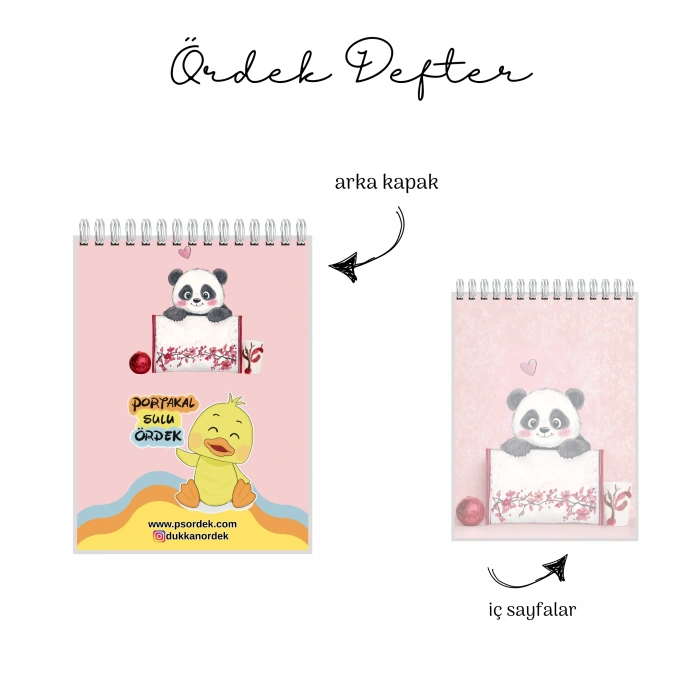 Pembe Nar Çiçeği ve Sevimli Panda Temalı - A6 Boyutunda - Spiralli - Hediyelik Defter - Çizgili