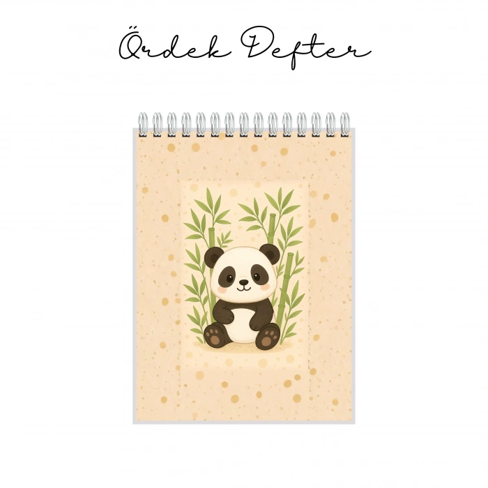 Yeşil Bambu ve Sevimli Panda Temalı - A6 Boyutunda - Spiralli - Hediyelik Defter - Çizgili
