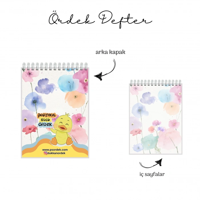 Gülümse ve Sulu Boya Çiçek Temalı - A6 Boyutunda - Spiralli - Hediyelik Defter - Çizgili