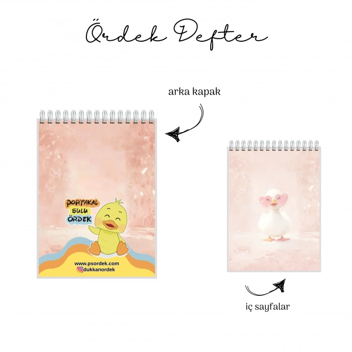 Pembe Kalpli Gözlü Minik Ördek Temalı - A6 Boyutunda - Spiralli - Hediyelik Defter - Çizgili