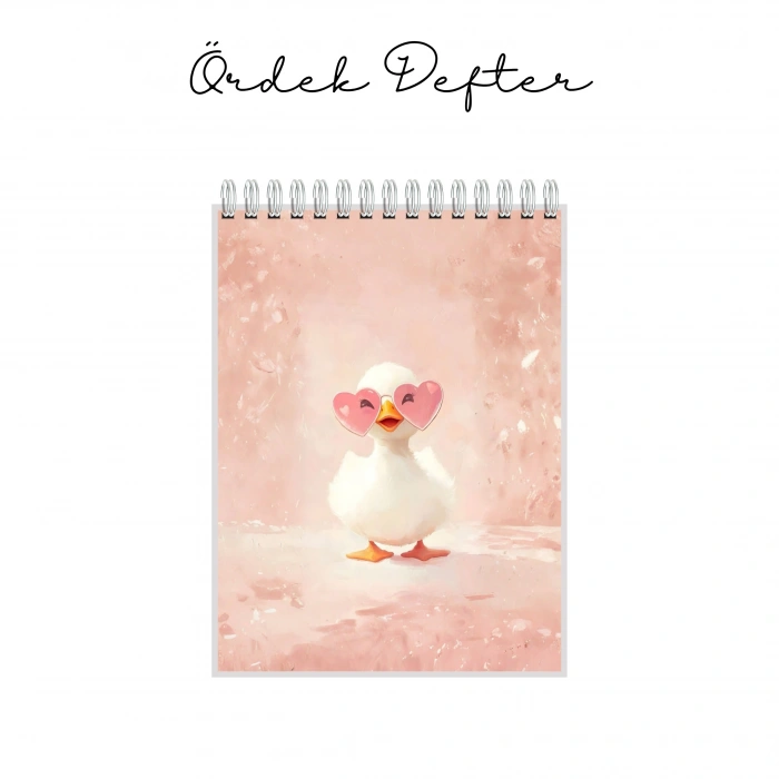 Pembe Kalpli Gözlü Minik Ördek Temalı - A6 Boyutunda - Spiralli - Hediyelik Defter - Çizgili