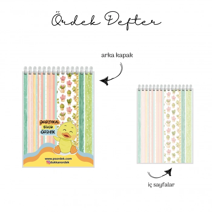 Kaktüs, Bahar ve Rengarenk Temalı - A6 Boyutunda - Spiralli - Hediyelik Defter - Çizgili