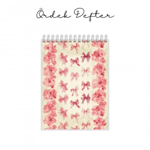Pembe Kurdele ve Çiçek Temalı - A6 Boyutunda - Spiralli - Hediyelik Defter - Çizgili