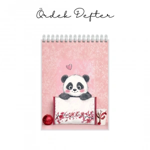 Pembe Nar Çiçeği ve Sevimli Panda Temalı - A6 Boyutunda - Spiralli - Hediyelik Defter - Çizgili