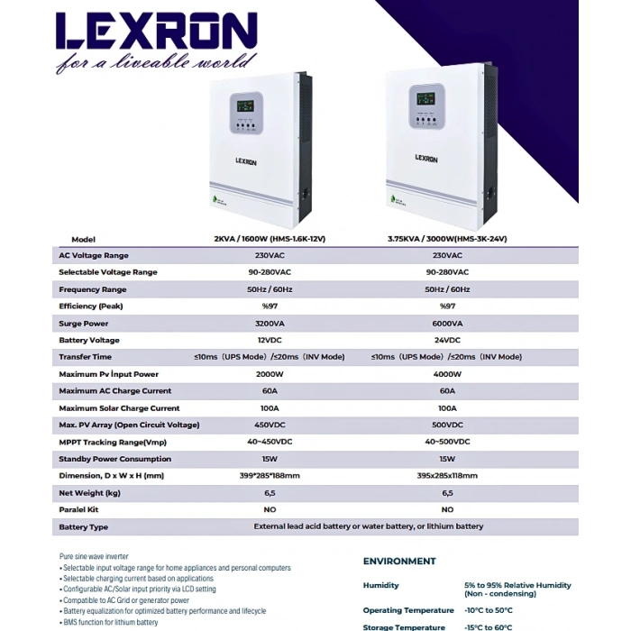 Lexron 3kW 3000W Hv Mppt 40-500 Pv Input Akıllı Tam Sınus İnverter