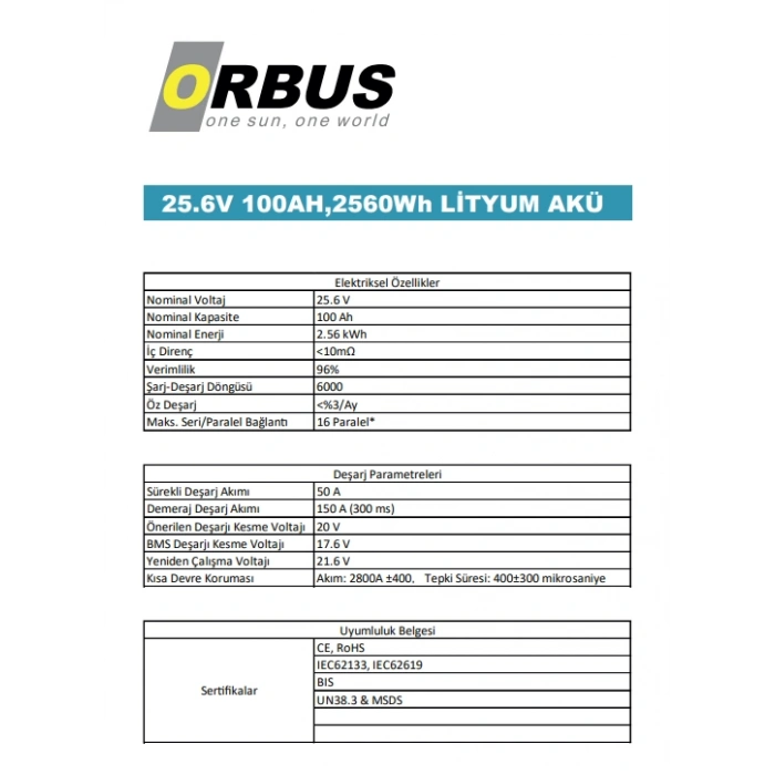 Orbus 25.6V 100Ah Solar&Marin LiFePO4 Lityum Akü