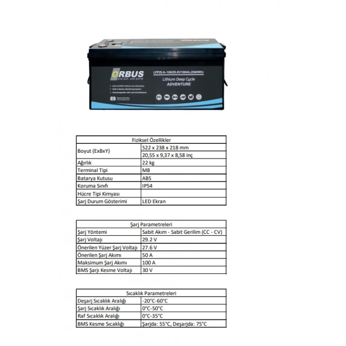 Orbus 25.6V 100Ah Solar&Marin LiFePO4 Lityum Akü