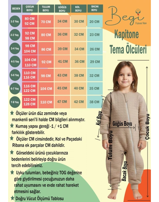1.5 TOG KAPİTONE %100 PAMUK COCUK BEBEK UYKU TULUMU