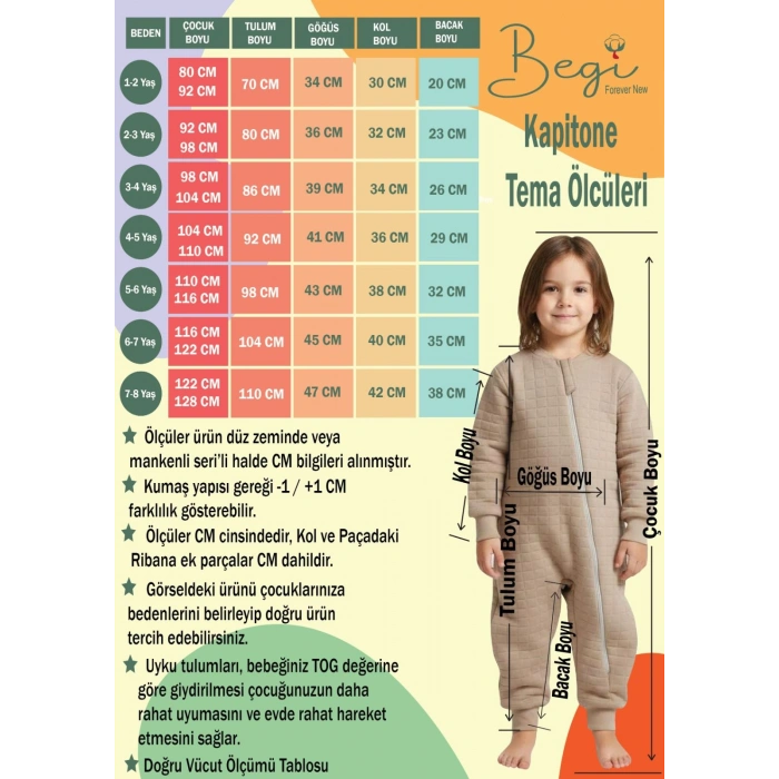 BEGİ 1.5 TOG KAPİTONE %100 PAMUK ÇOÇUK BEBEK UYKU TULUMU