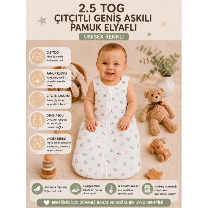 2.5 TOG Elyaflı Torba Askılı Çıtçıtlı Uyku Tulumu % 100 Pamuk