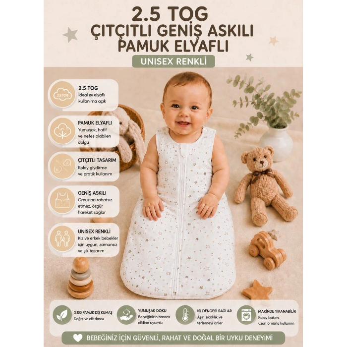 2.5 TOG Elyaflı Torba Askılı Çıtçıtlı Uyku Tulumu % 100 Pamuk