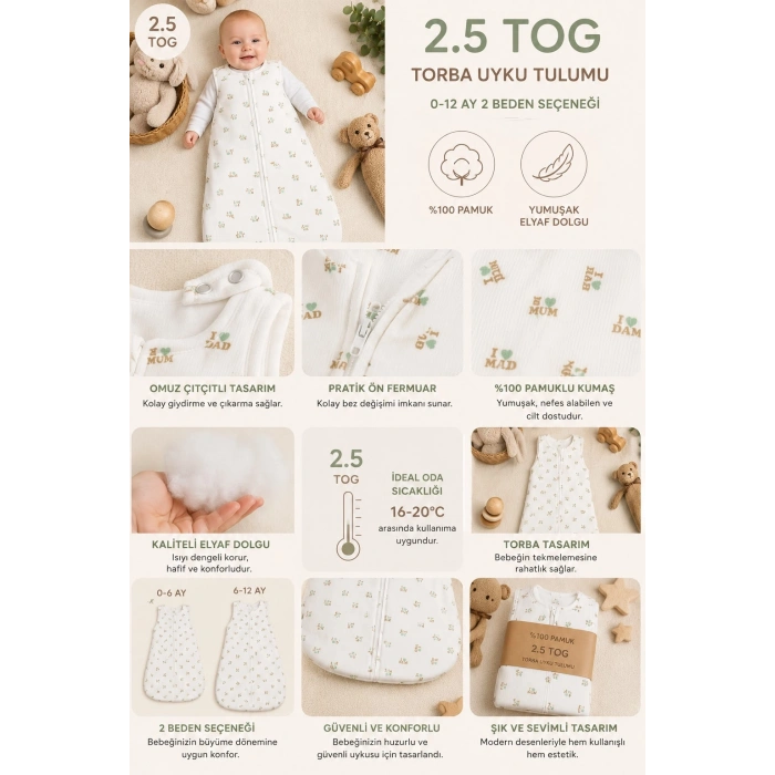 2.5 TOG Elyaflı Torba Askılı Çıtçıtlı Uyku Tulumu % 100 Pamuk