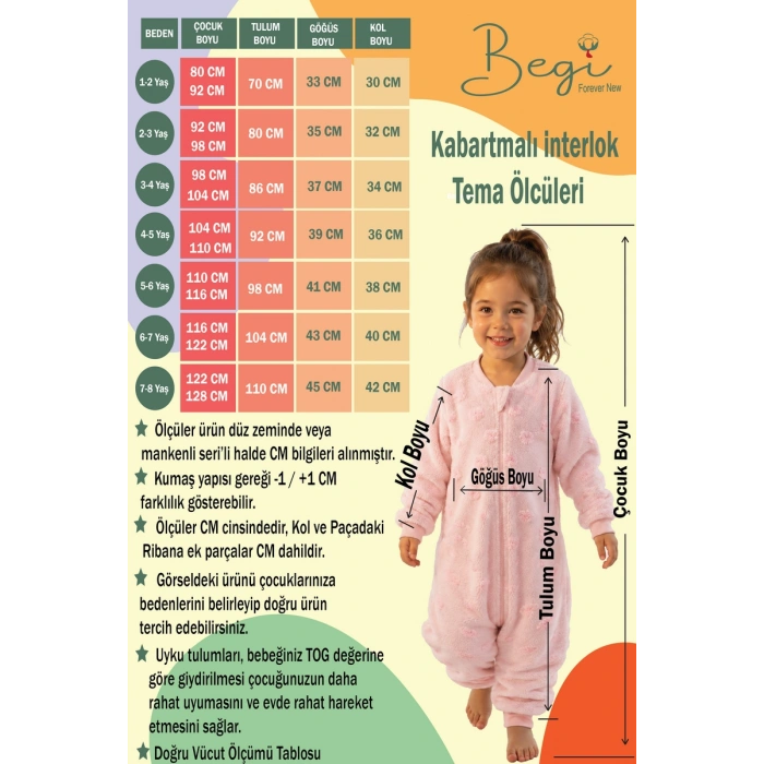 Begi Kabartmalı Kadife Kumaş  %100 Pamuk Kumaş 1.5 TOG Çocuk Uyku Tulumu