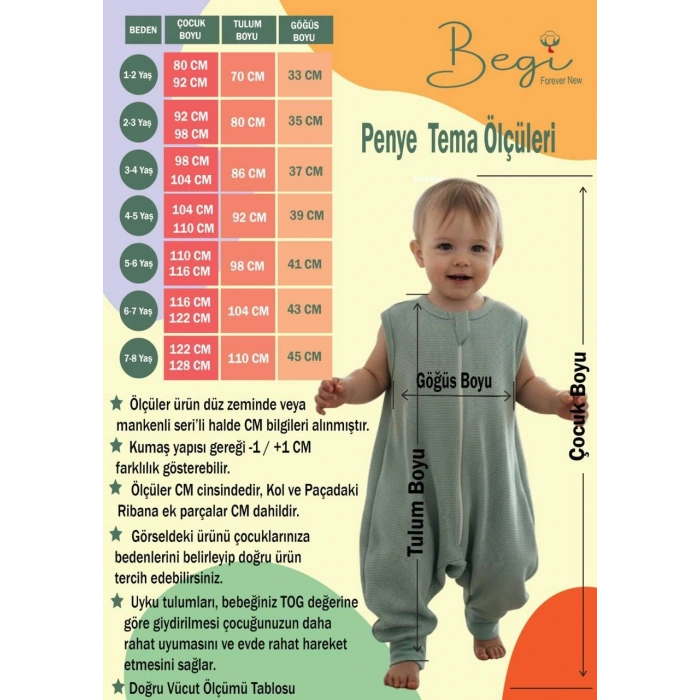 Begi İnterlok Geniş Askılı Çocuk Uyku Tulumu %100 Pamuk Kumaş 1.0 TOG