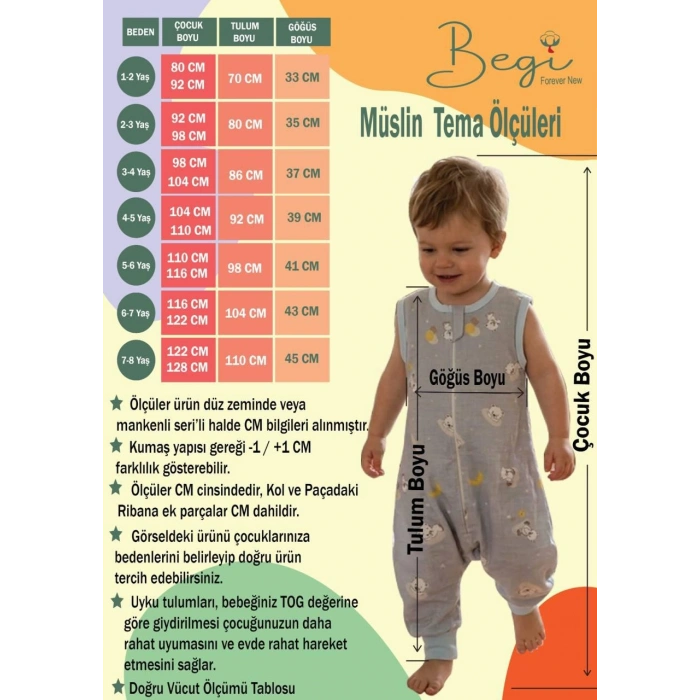 Begi Müslin Geniş Askılı Çocuk Uyku Tulumu %100 Pamuk Kumaş 0.5 TOG