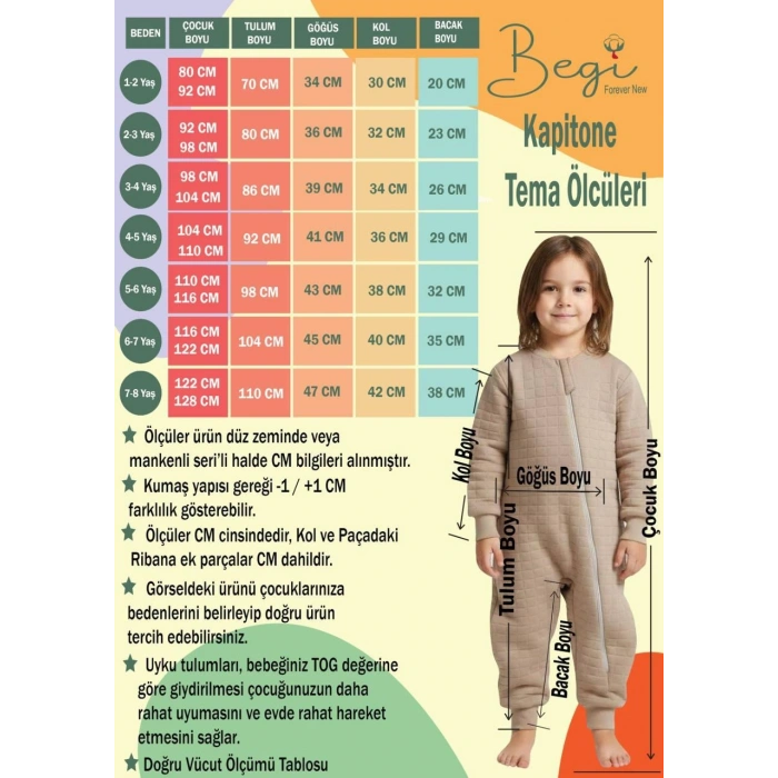 Begi Kadife Kumaş Uzun Kollu Çocuk Uyku Tulumu %100 Pamuk Kumaş 1.5 TOG