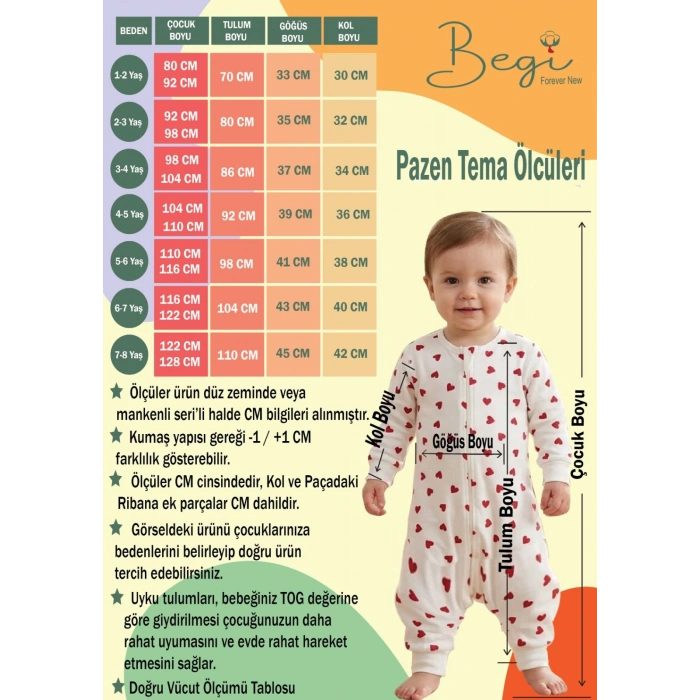 Begi Pazen Kumaş Uzun Kollu Kolu Çıkabilen Çocuk Uyku Tulumu %100 Pamuk 1.0 TOG