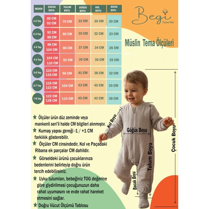 Begi Müslin Kumaş Uzun Kollu Çocuk Uyku Tulumu 1.0 TOG %100 Pamuk