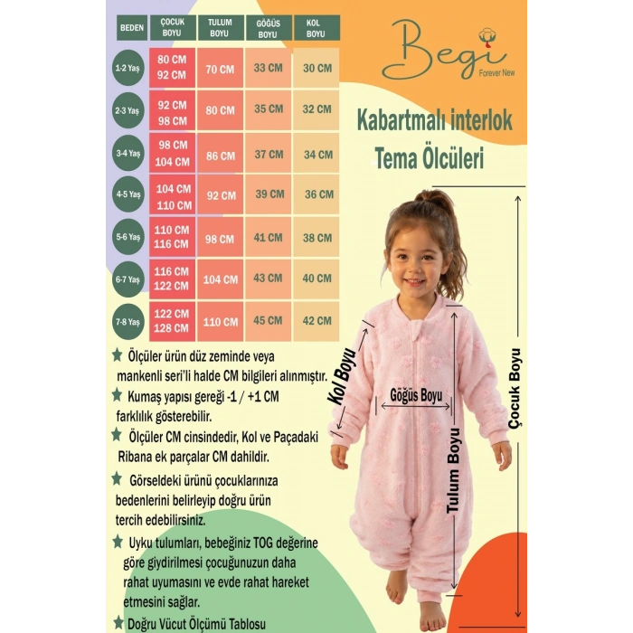 Begi Kadife Kumaş Uzun Kollu Çocuk Uyku Tulumu %100 Pamuk Kumaş 1.5 TOG