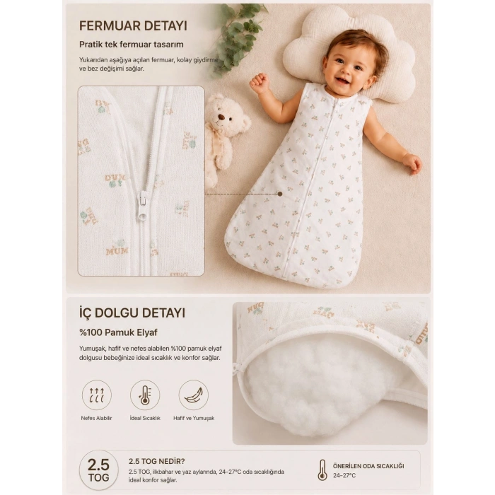 Begi 1.5 TOG Elyaflı Torba Geniş Askılı Çıtçıtlı Uyku Tulumu % 100 Pamuk