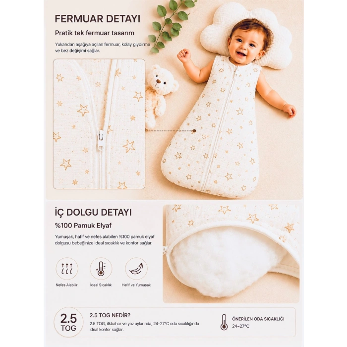 Begi 1.5 TOG Elyaflı Torba Geniş Askılı Çıtçıtlı Uyku Tulumu % 100 Pamuk