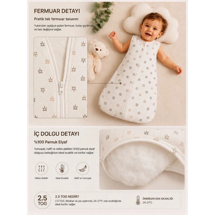 Begi 1.5 TOG Elyaflı Torba Geniş Askılı Çıtçıtlı Uyku Tulumu % 100 Pamuk