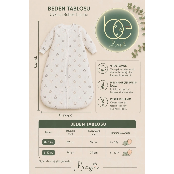 Begi 2.5 TOG Elyaflı Torba Uzun Kollu Uyku Tulumu % 100 Pamuk