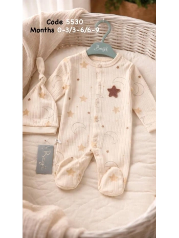 Begi Yıldız Desenli %100 Pamuk Şapkalı Tulum