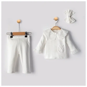 Dantelli 3lü Kız Bebe Takım % 100 Pamuk