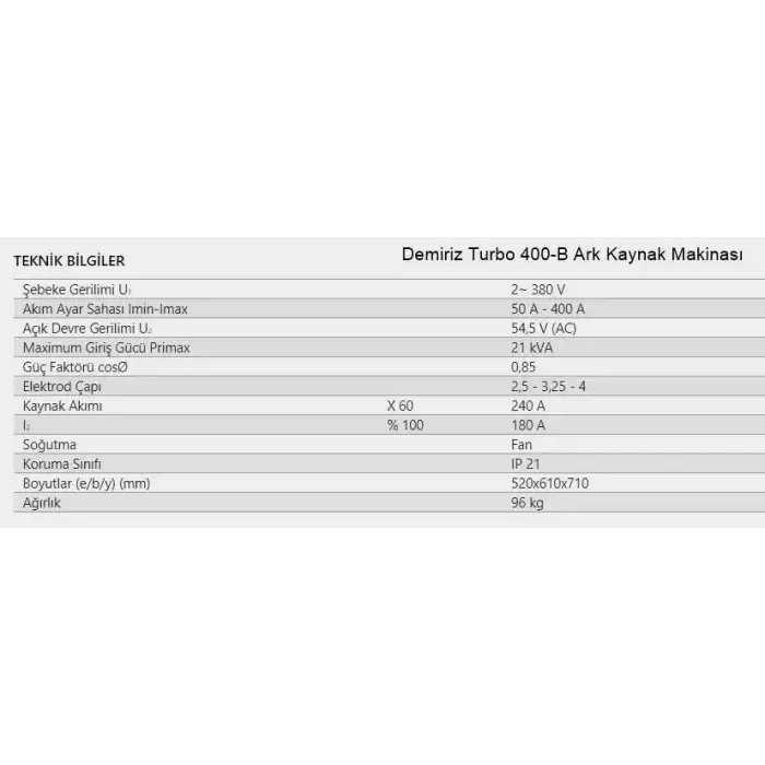 Demiriz T-400 B Turbo Ark Kaynak Makinesi