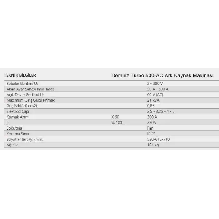 Demiriz Turbo 500-AC Ark Kaynak Makinası