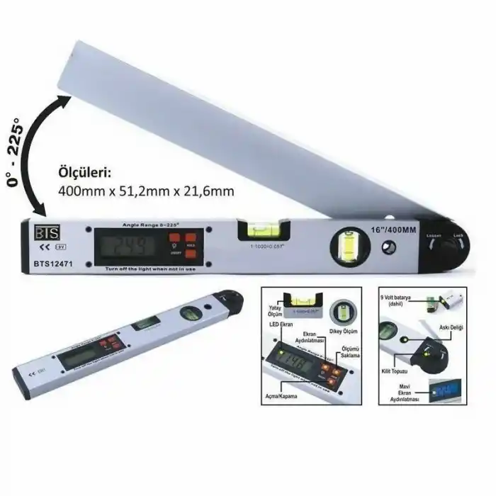 BTS 12471 2 Sulu Dijital Açı Ölçerli 16 400 mm Su Terazisi