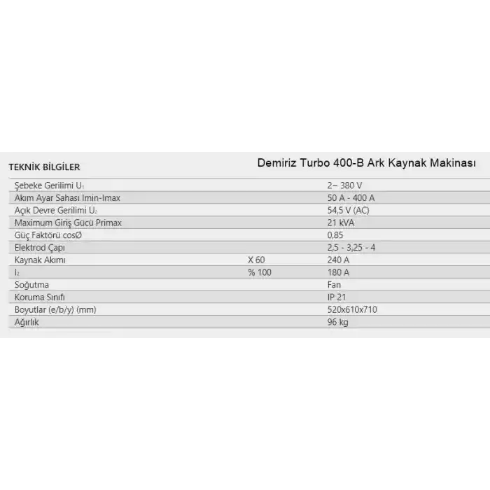 Demiriz T-400 B Turbo Ark Kaynak Makinesi
