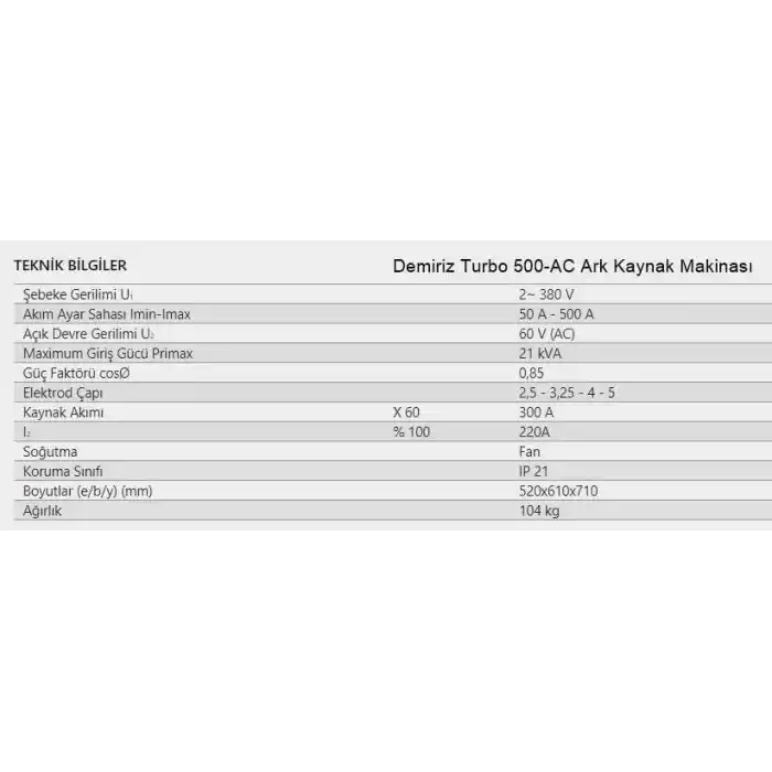 Demiriz Turbo 500-AC Ark Kaynak Makinası