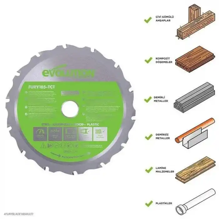 Evolution F185TCT-16CS Çoklu Malzeme için Dairesel Testere Bıçağı 185mm