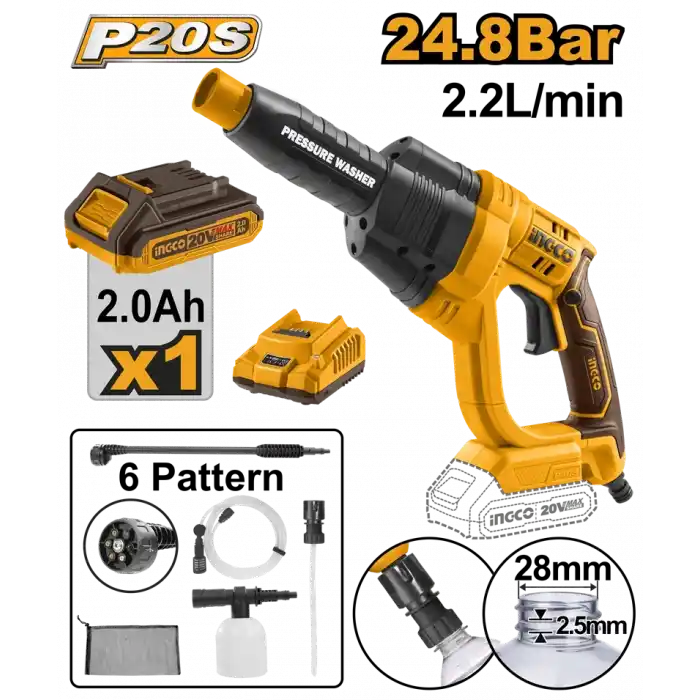 Ingco CPWLI20082 Akülü Basınçlı Yıkama Makinesi 25 Bar