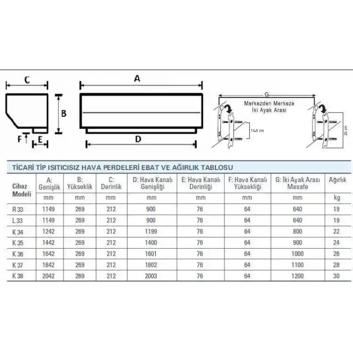 Olefini L-33 Ticari Tip 100 Cm Isıtıcısız Hava Perdesi