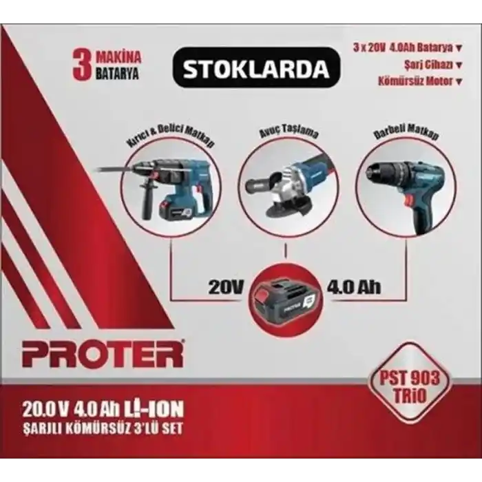 Proter PST 903 Trio Akülü Delici Kırıcı + Darbeli Matkap + Avuç Taşlama 3lü Set