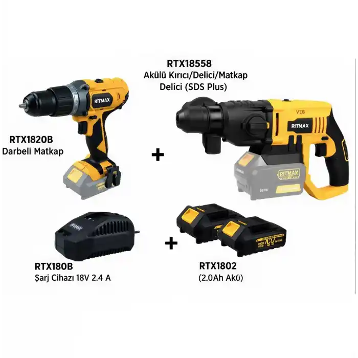 Rtrmax Akülü RTX1820B Darbeli Matkap, RTX1855B Pnömatik Matkap Seti