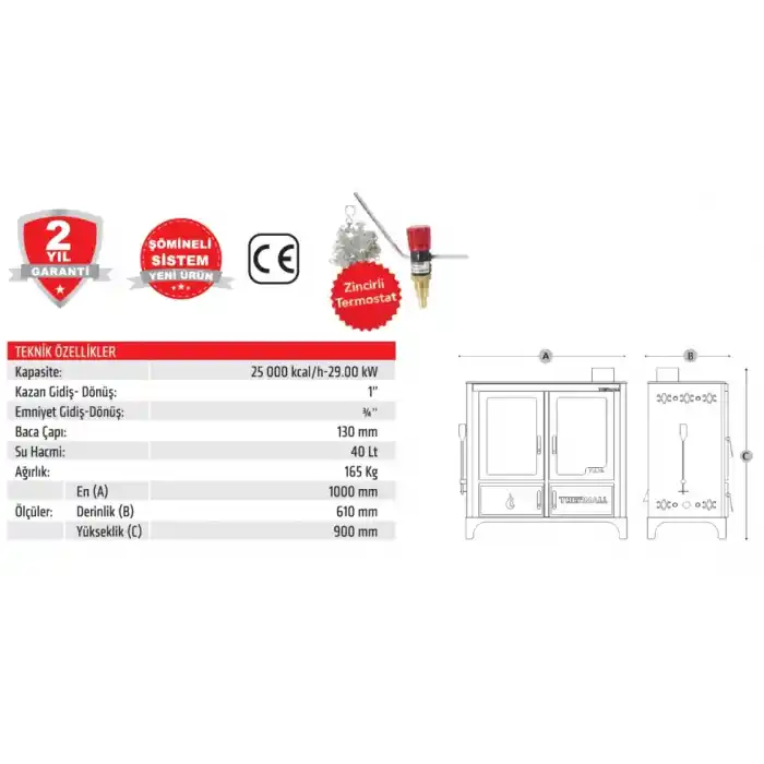 Thermall T-25 Yşk Şömineli Kuzineli Fırınlı Kat Kalorifer Sobası