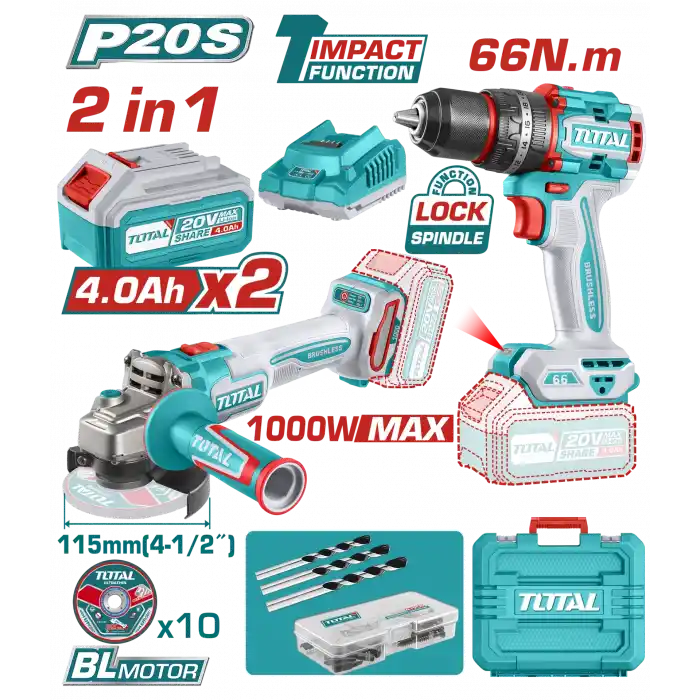 Total TCKLI20273E Akülü Darbeli Matkap+Avuç Taşlama Seti