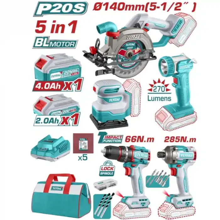 Total TOSLI241081E Akülü Daire Testere+Zımpara+Darbeli Vidalama+Matkap+Fener Seti