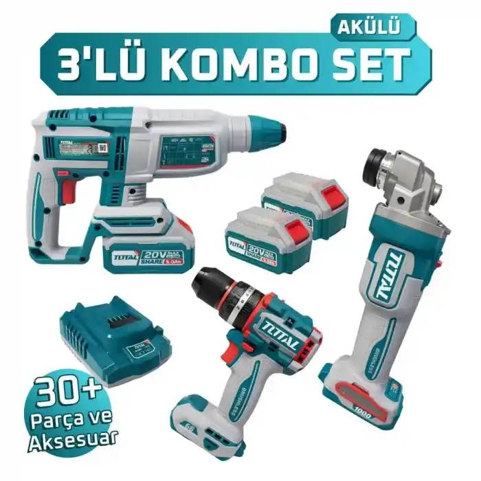 Total TOSLI241198E Akülü Kırıcı Delici+Avuç Taşlama+Darbeli Matkap Seti