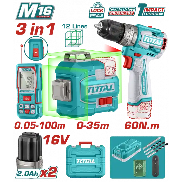 Total TOSLI250101E Darbeli Matkap+Lazer Metre+Lazer Hizalama Seti