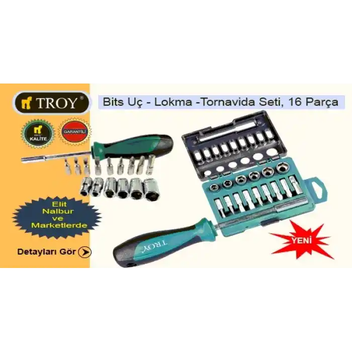 Troy 22316 Bits Uç-Lokma-Tornavida Seti, 16 Parça